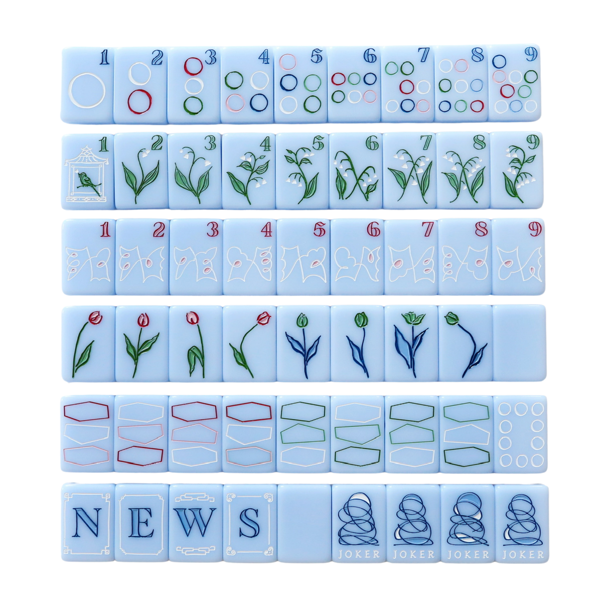 Dear Mahjong x Kayce Hughes mahjong set, full layout of all 160 soft blue engraved tiles with Kayce Hughes artwork: circles dots, lily of the valley bams, map craks, flowers, dragons, winds and brush-lettered jokers