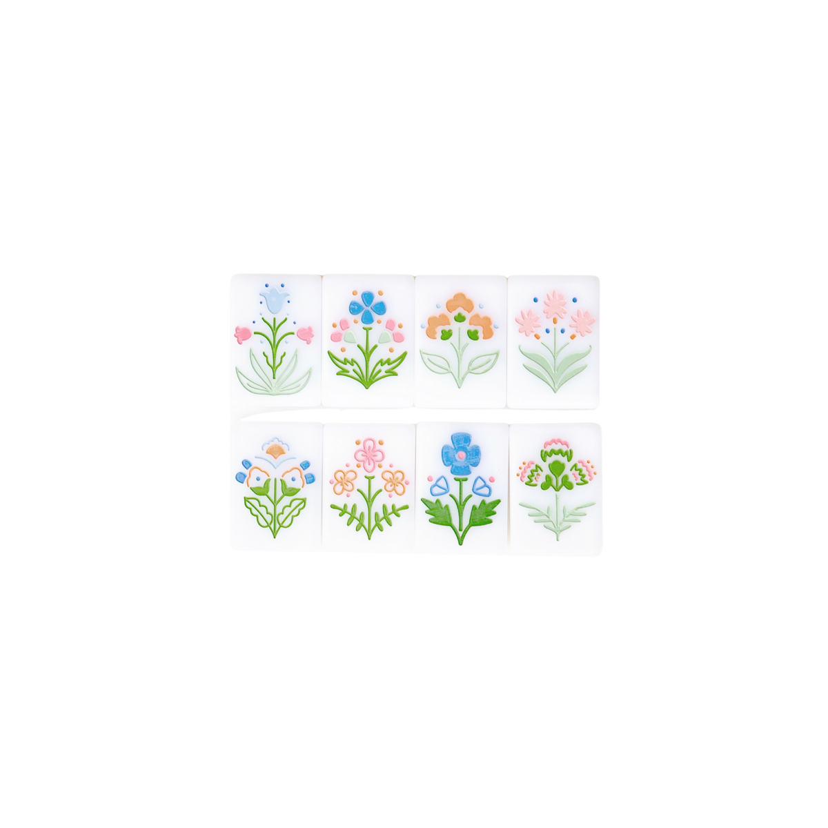 Eight hand-painted flower tiles from the Dear Mahjong Original White mahjong set