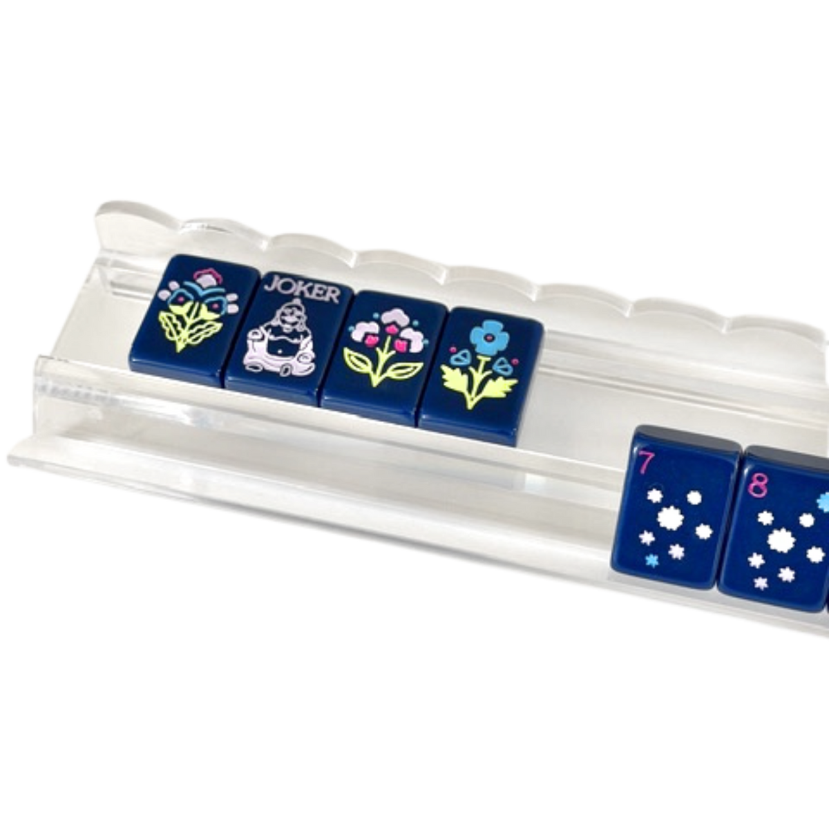 Dear Mahjong clear scalloped acrylic mahjong rack with navy tiles