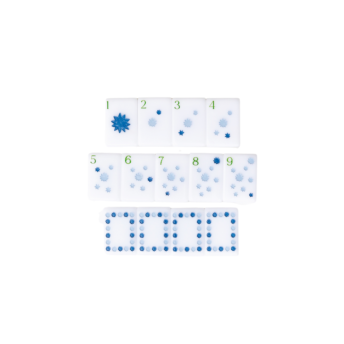 Close-up of hand-painted dot suit tiles and blue soap dragons from the Dear Mahjong Original White mahjong set