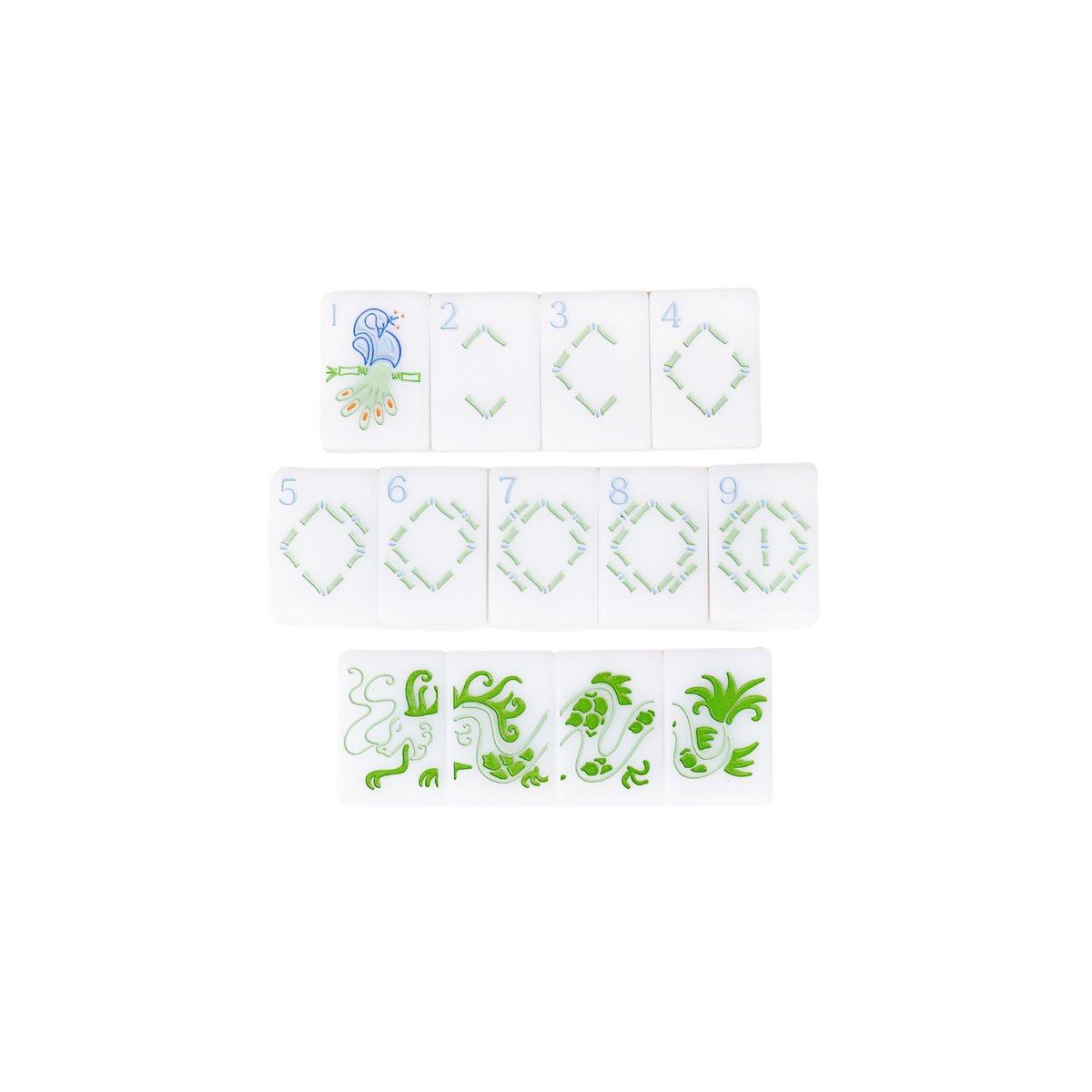 Close-up of hand-painted bam suit tiles and green dragons from the Dear Mahjong Original White mahjong set