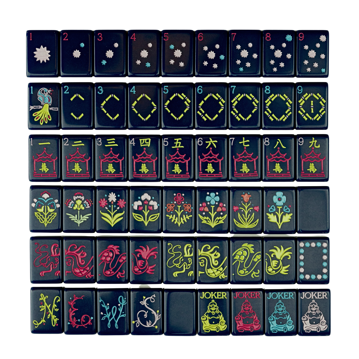 Dear Mahjong Original Navy tile set, full layout of engraved American mahjong tiles with hand-drawn artwork in chartreuse, raspberry and lavender