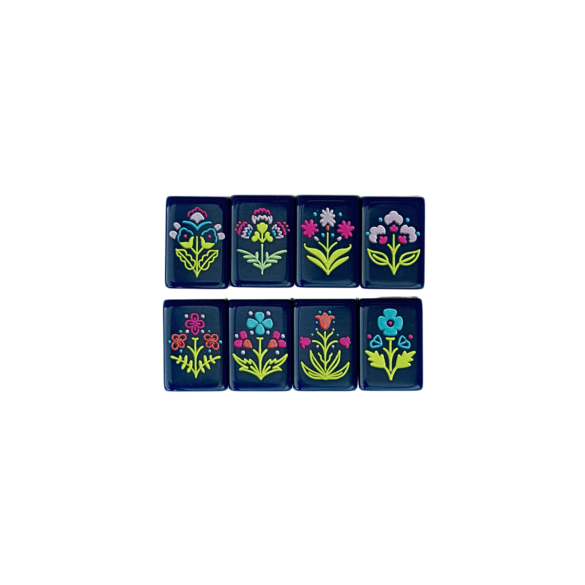 Eight hand-painted flower tiles from the Dear Mahjong Original Navy mahjong set