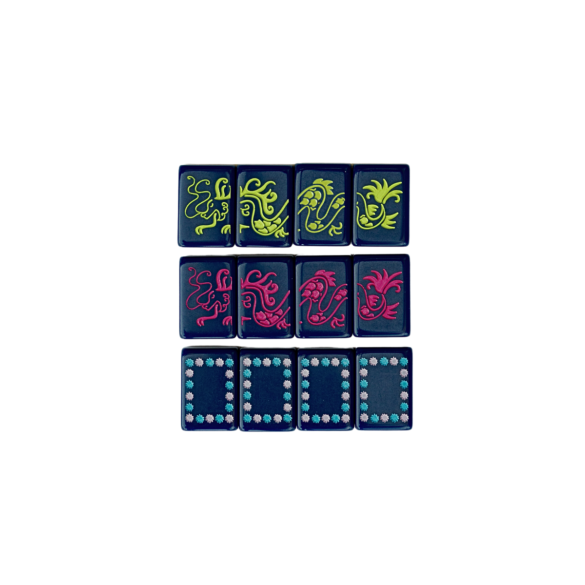 Green, red and soap dragon tiles from the Dear Mahjong Original Navy mahjong set