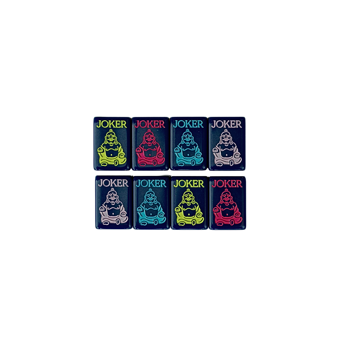 Eight hand-painted joker tiles in chartreuse, raspberry, teal and lavender from the Dear Mahjong Original Navy set