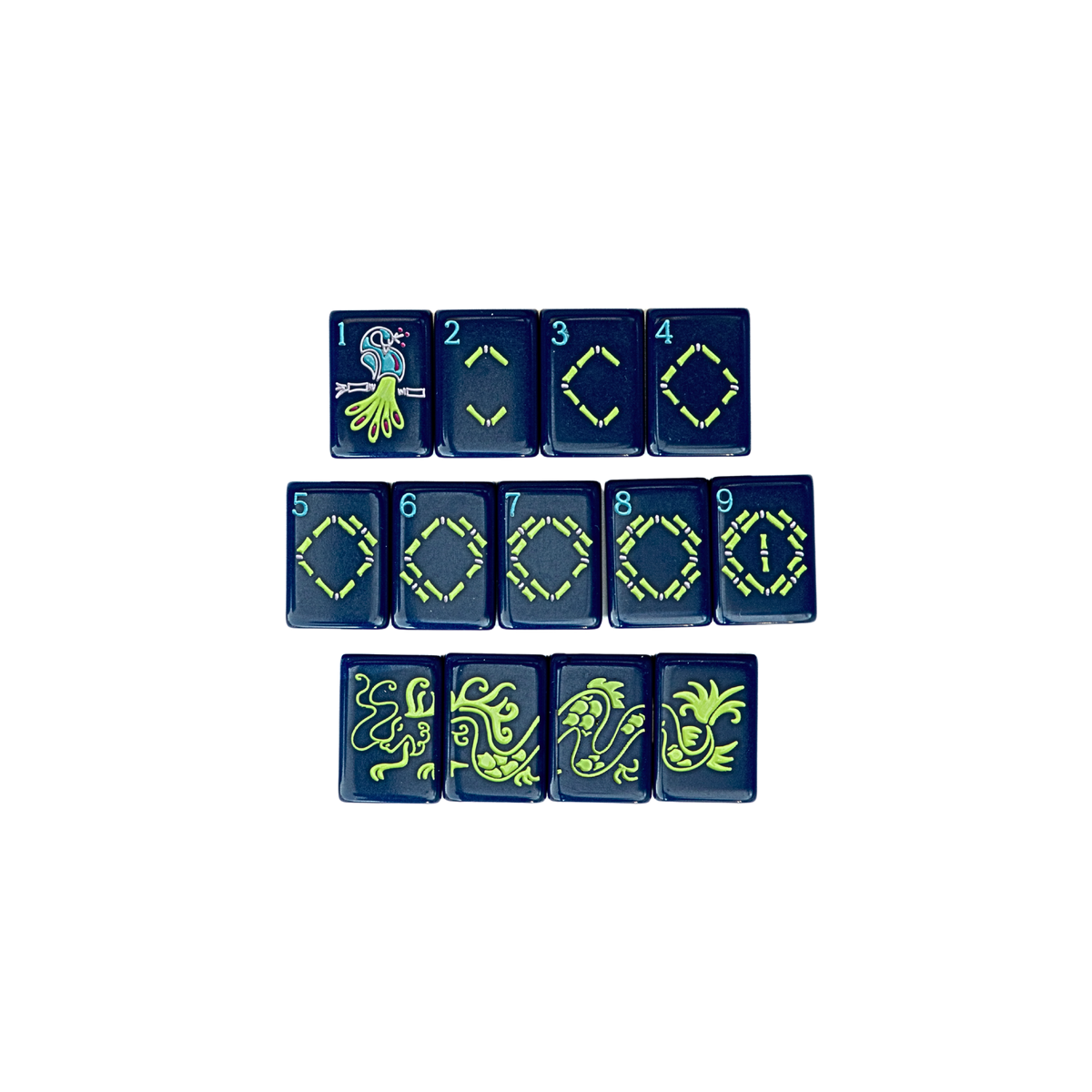 Close-up of hand-painted bam suit tiles and green dragons from the Dear Mahjong Original Navy mahjong set