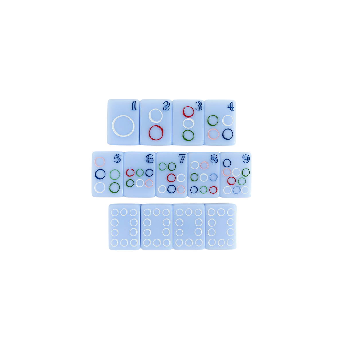 Kayce Hughes mahjong tiles close-up: dot suit 1 through 9 with hand-drawn circle artwork in red, green, white and blue on soft blue acrylic