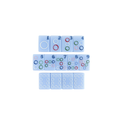 Kayce Hughes mahjong tiles close-up: dot suit 1 through 9 with hand-drawn circle artwork in red, green, white and blue on soft blue acrylic
