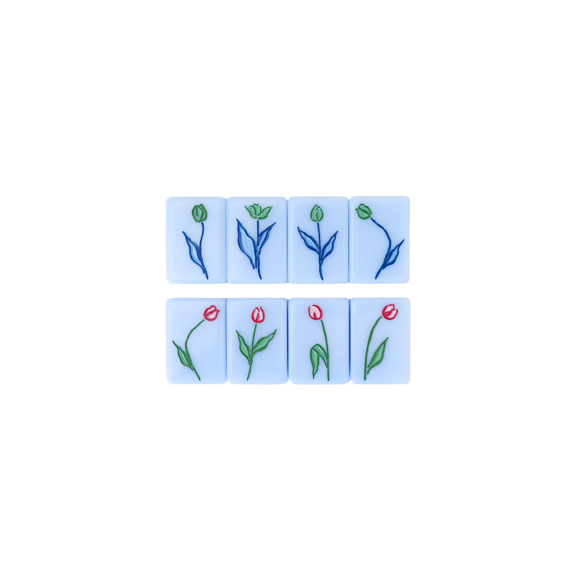 Kayce Hughes mahjong flower tiles close-up: eight flower tiles with hand-drawn tulips in red, green and blue on soft blue acrylic