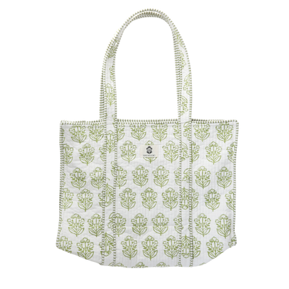 Dear Mahjong block-print quilted cotton mahjong tote in pistachio green