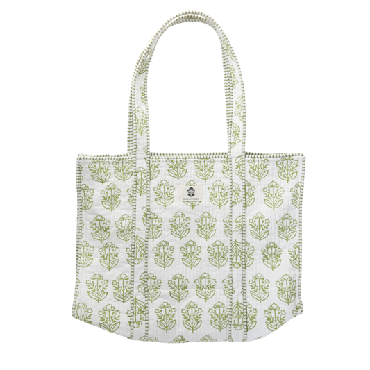 Dear Mahjong block-print quilted cotton mahjong tote in pistachio green