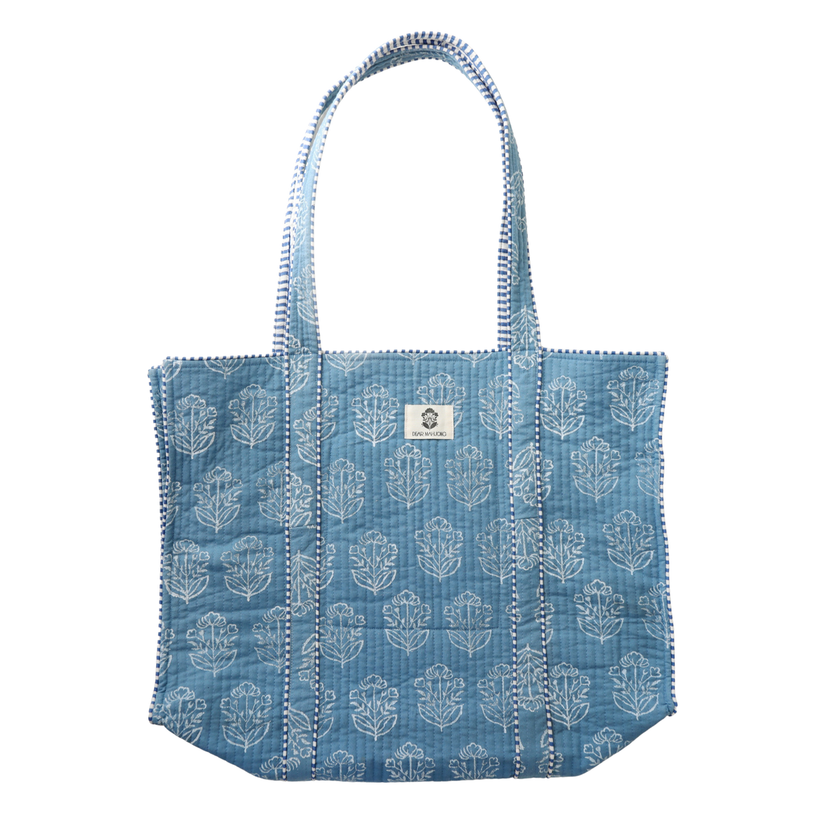 Dear Mahjong block-print quilted cotton mahjong tote in French blue