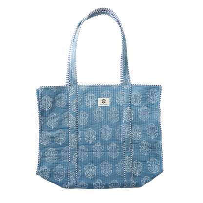 Dear Mahjong block-print quilted cotton mahjong tote in French blue
