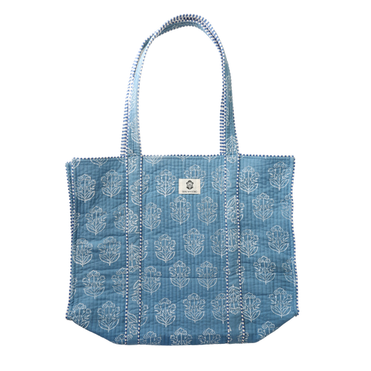 Dear Mahjong block-print quilted cotton mahjong tote in French blue